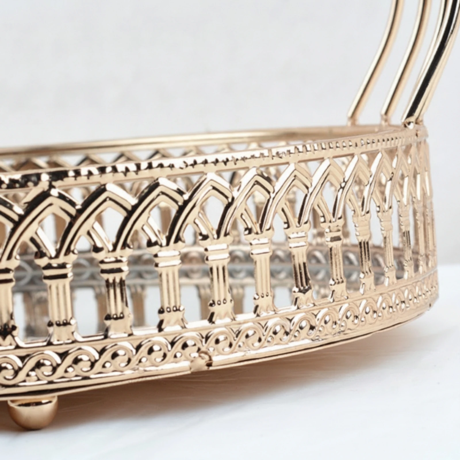 Glass Display Tray with Gold-Tone Finish Decorative Raised Display Tray with Openwork Rim Elegant for Dessert Station