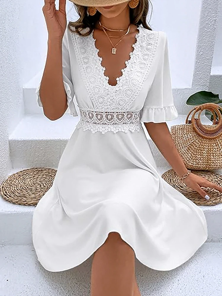 Mugen Plus Size Dress Lace V-Neck 2024 Women‘s Clothing For Summer Loose Solid Color Ruffle Sleeves Plus Size Casual Dresses