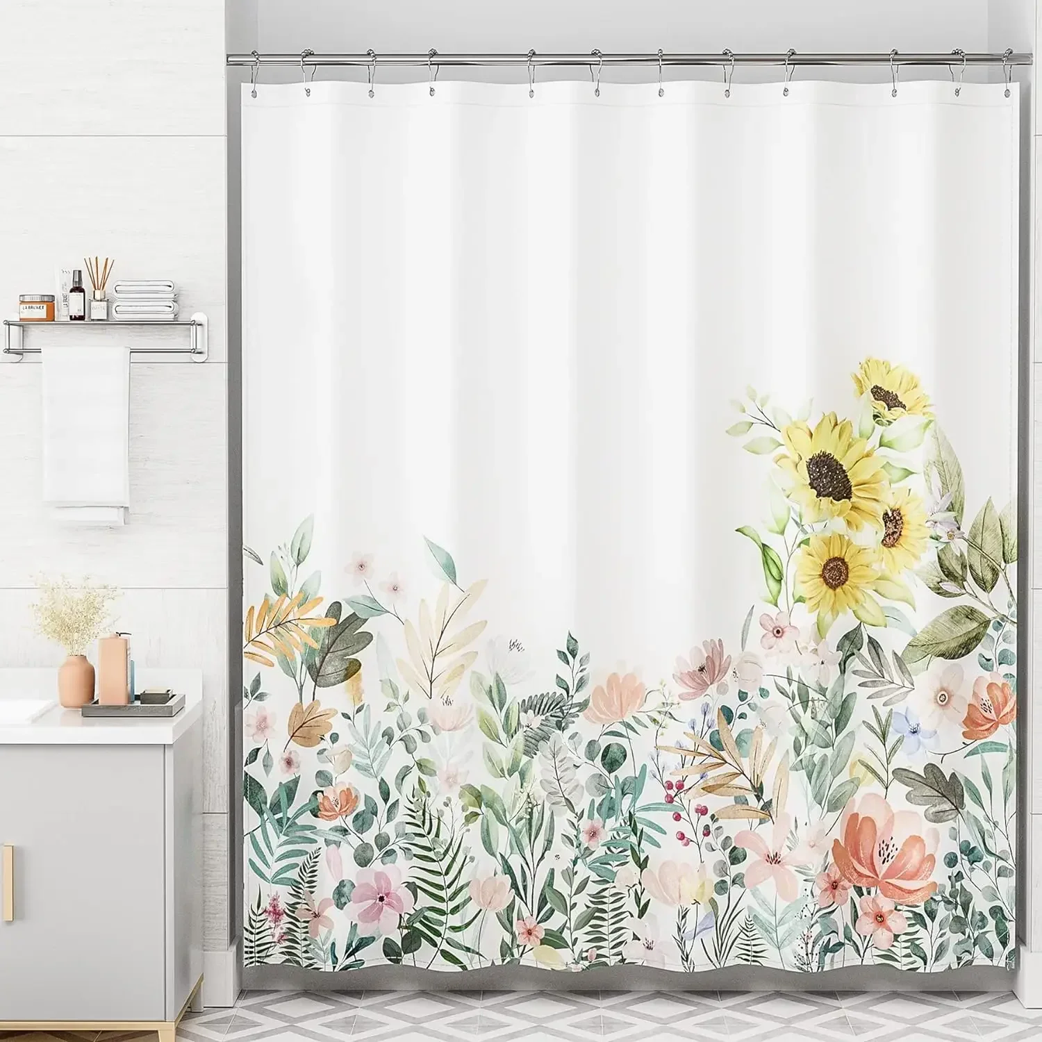 Medieval Geometric Shower Curtain, Black And White Check Rainbow Country Yellow Chrysanthemum Eucalyptus Autumn, Bathroom Decor