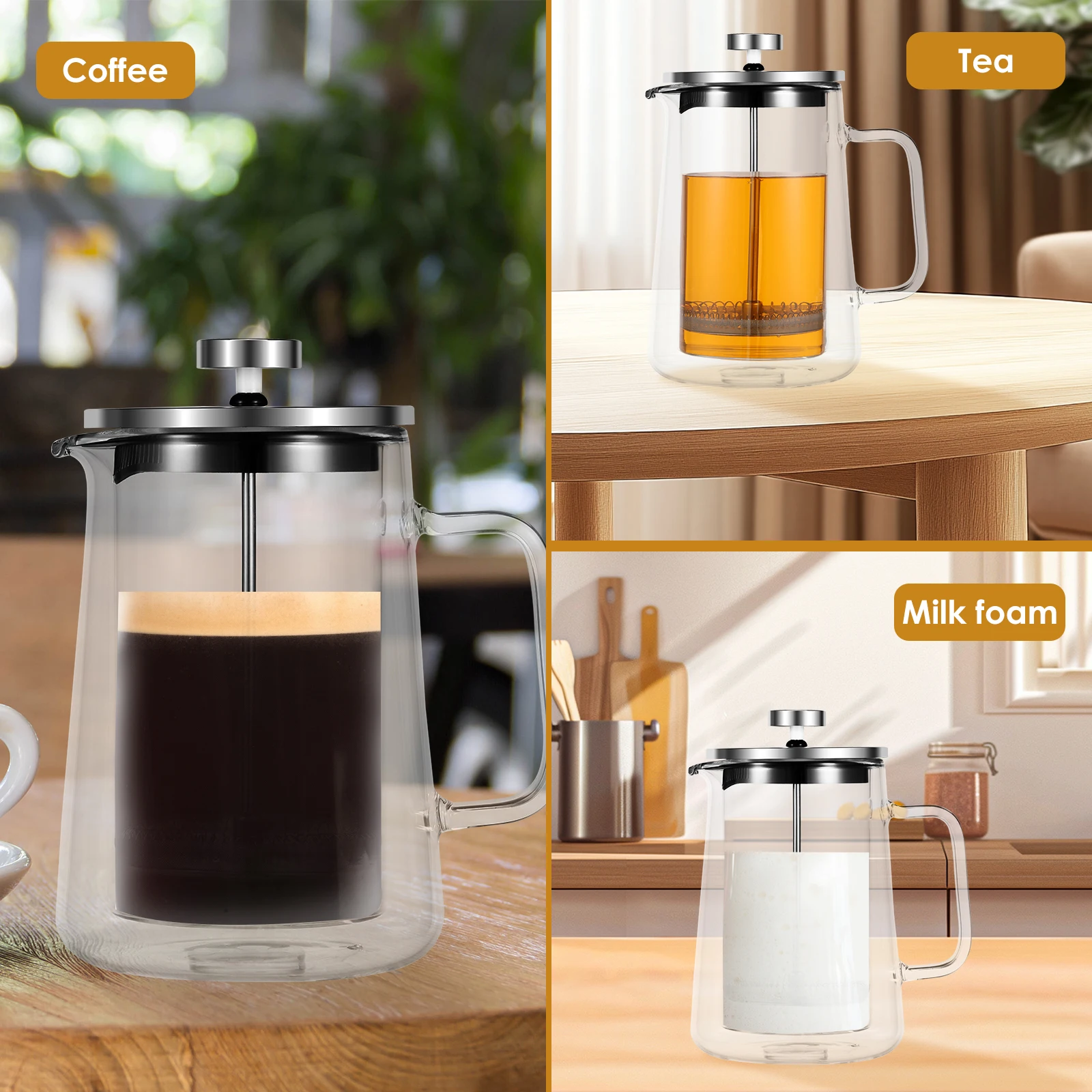 350-1000ml French Press Coffee Pot Double Wall Glass Clear French Press Tea Maker Multifunctional Coffee Maker for Home Office