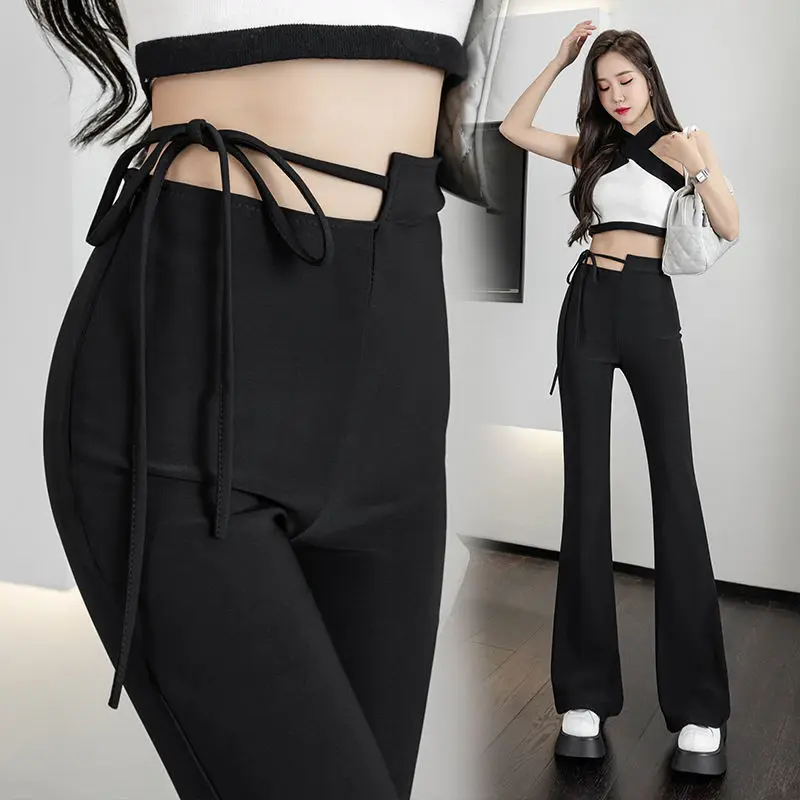 

High Waist Casual Women's Spring Fashion Split Micro Bell-bottoms Wide Leg Solid Design Pants 2024 Mopping Suit Trousers B69