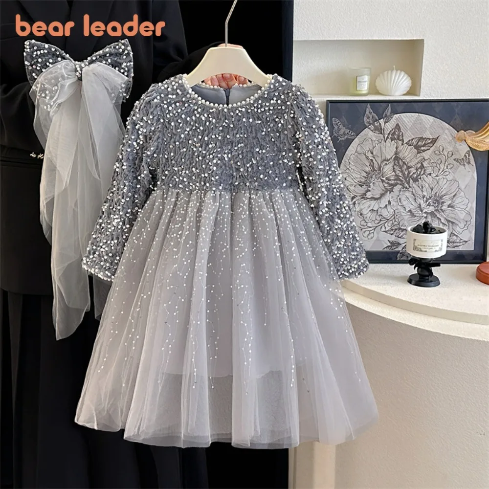 

Bear Leader Christmas Fashion Princess Dress Autumn Winter Sequin Mesh Splicing Girl Dresses Wedding Birthday Party Kids Clothes