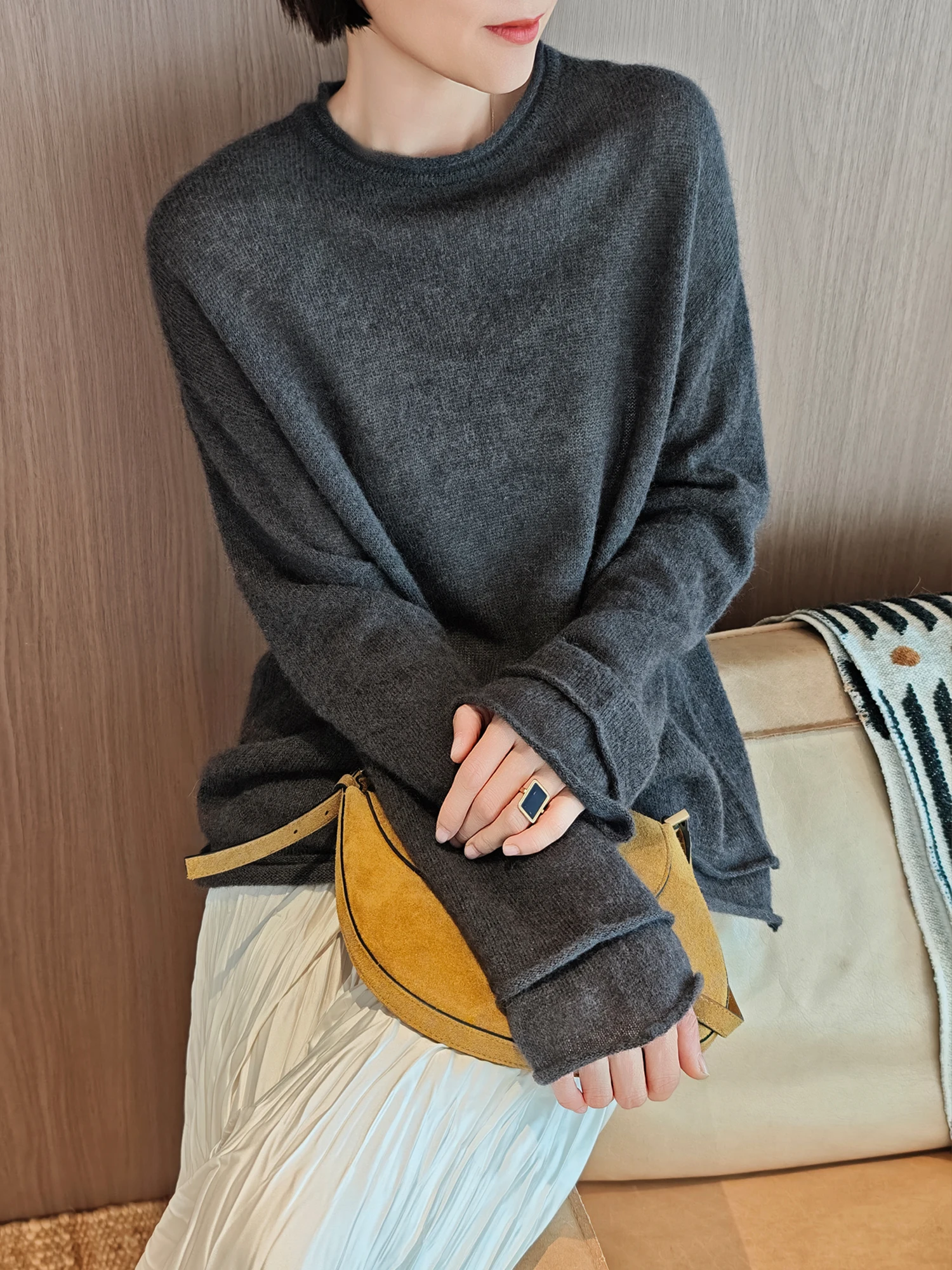 

Свободный вязаный свитер с круглым вырезом и принтом, из шерсти и кашемира, женский повседневный топ с длинными рукавами, комфортный крой, весна