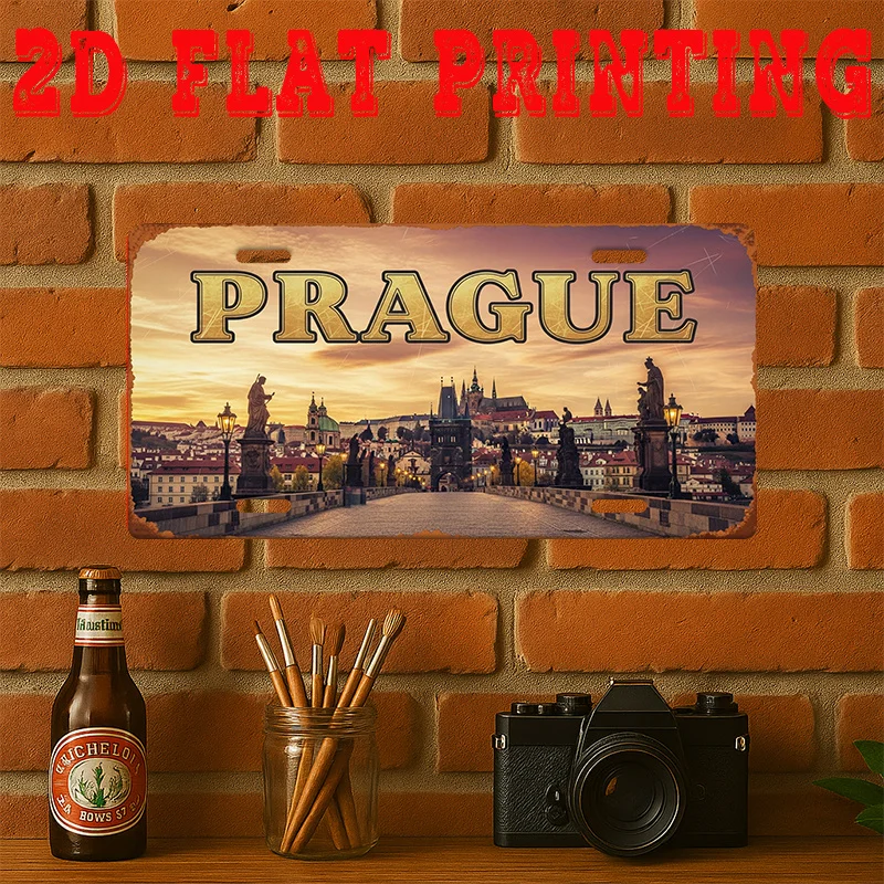 HD Aluminum Metal Sign, Prague Czech Republic Vintage License Plate Style Wall Decor, Retro Charles Bridge Sunset Cityscape Desi