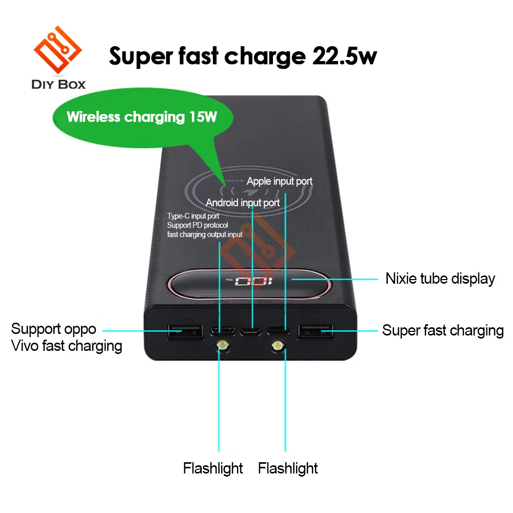 Wymienny USB 10*18650 etui na powerbank 22.5W + 15W szybko ładująca ładowarka do telefonu przechowywanie DIY 18650 uchwyt na baterie etui z funkcją