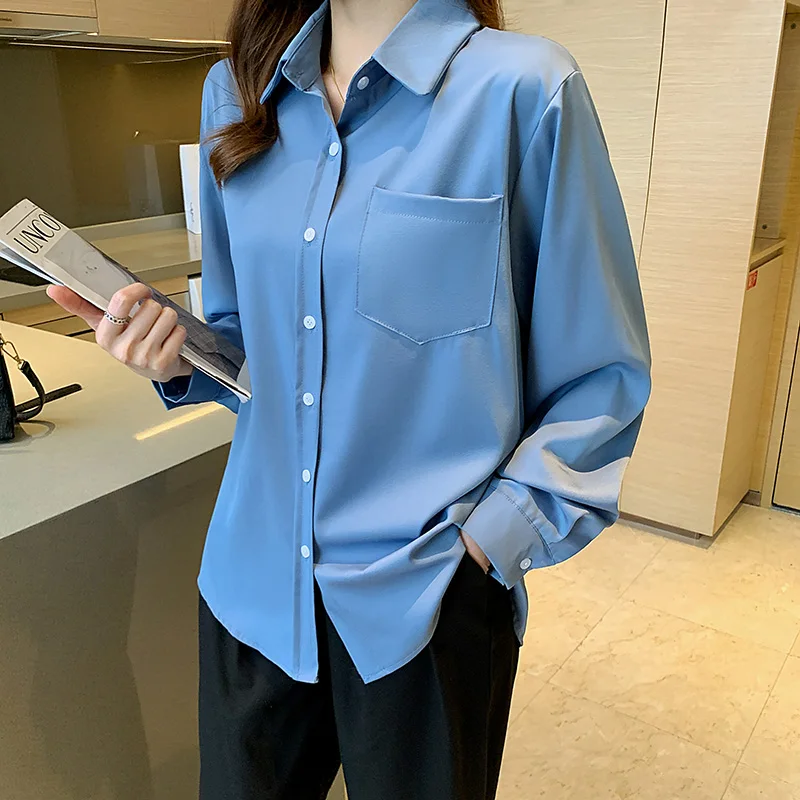 Women Spring Simplicity Office Lady Solid Color Polo-Neck Long Sleeve Shirts Ladies Casual All-match Appear Thin Pocket Tops