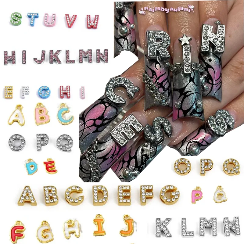 A-Z Letter Nail Charms Punk Luxury Alloy Letter Shape Rhinestones 3D Nail Art Decorations Supplies