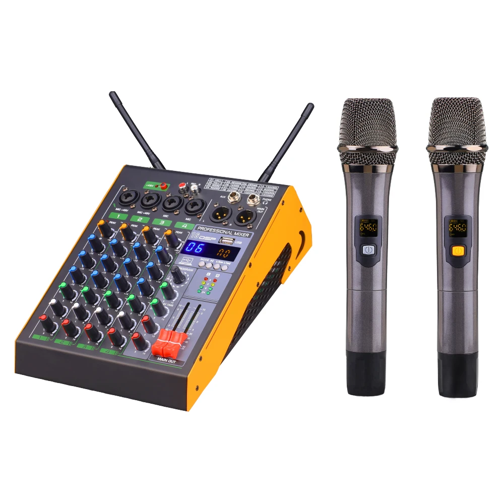 4 Channel Sound Mixer With Wireless Microphone 16DSP Mixing Console with 2*100w Amp for Speaker System DJ Mixer Audio