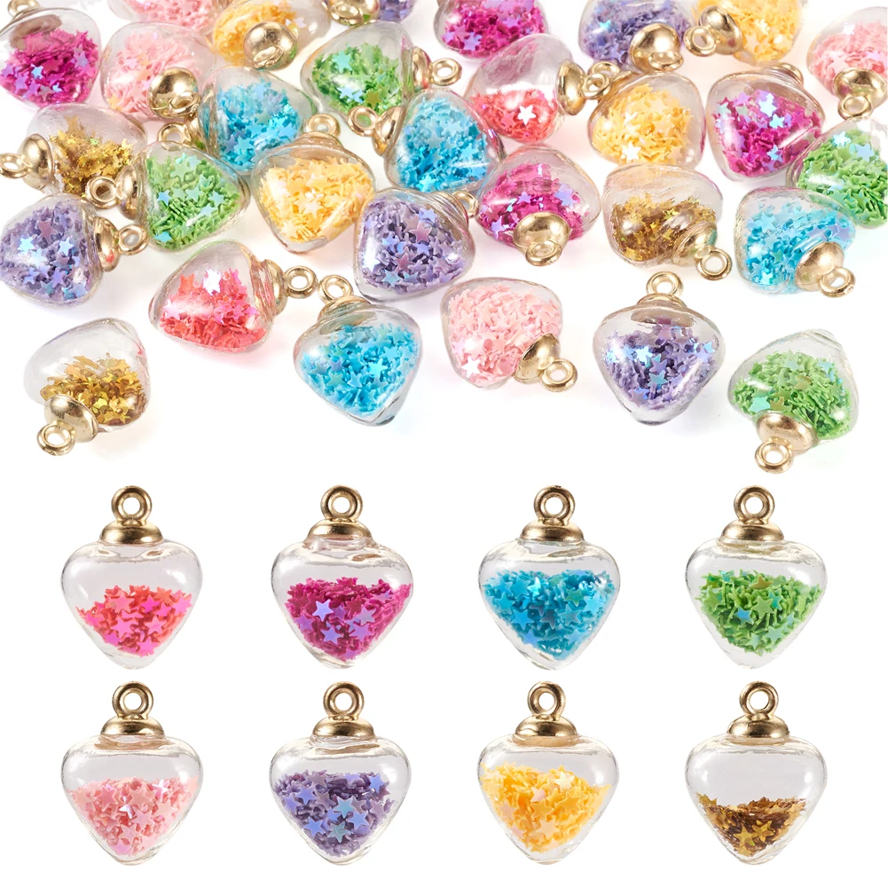 32pcs Glass Pendant with Glitter Star & Light Gold Metal Findings Heart Charms Mixed Color for Making DIY Jewelry Necklace Charm