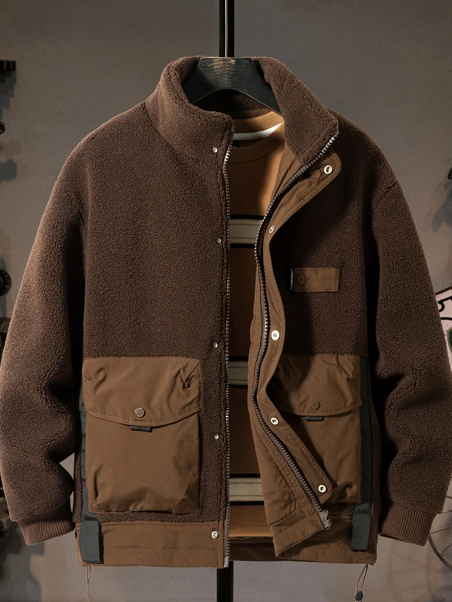 

American Sle Thiened Lamb Velvet Jaet Men's Winter Warm Stand Collar Cotton Workwear Vintage Faionable Outerwear