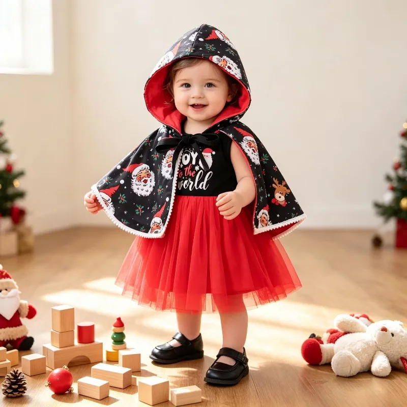 Santa Claus Print Hooded Cape Red Tulle Baby Dress Romper Christmas Newborn Infant Toddler Costume Outfit Clothes for Girls