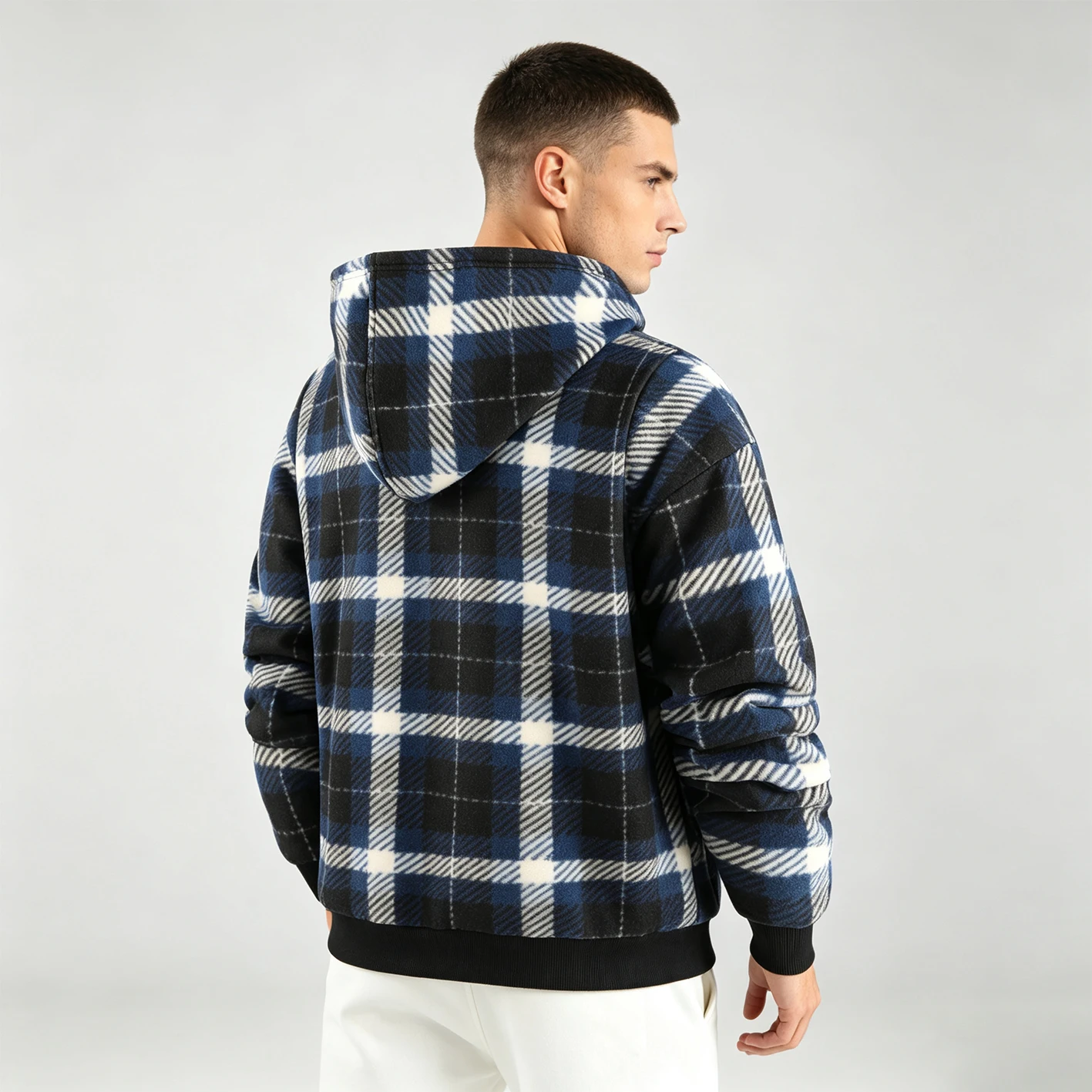 2026 Winter Men Plaid Fleece Lined Hooded Jacket Full Zip Thick Warm Sherpa Lined Coat Casual Loose Check Outerwear