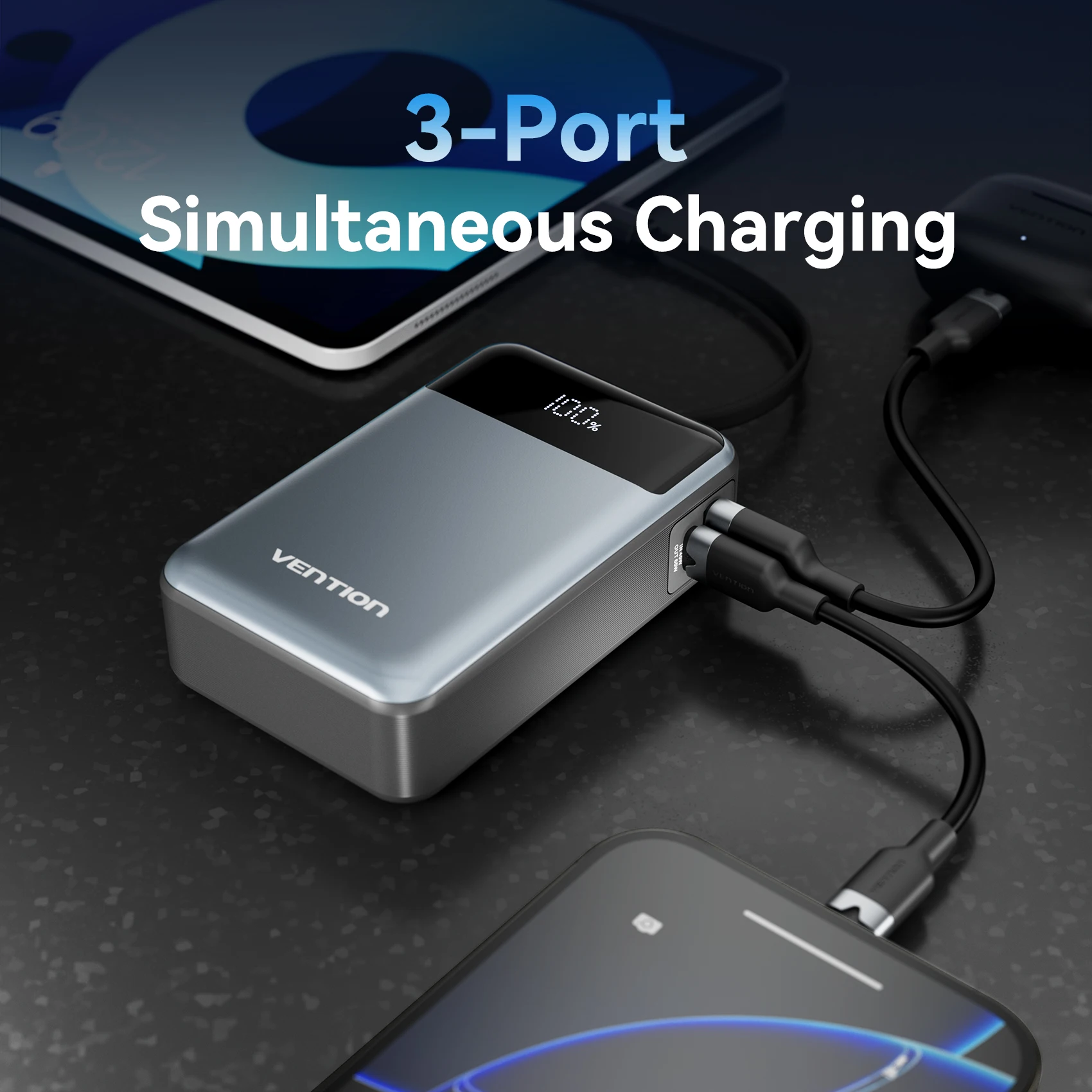 Vention Power Bank 20000mAh 65W PD Fast Charger with Built-in Type-C Cable Portable Powerbank for Laptops External Spare Battery