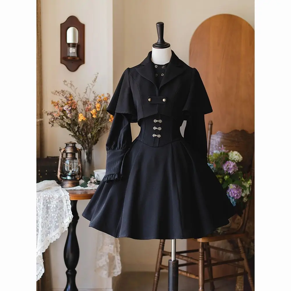 New Dark Gothic Lolita Daily Commuter Long Sleeve Jacket + Black Shirt + High Waist Slim Strap Skirt Vintage Three-piece Suit