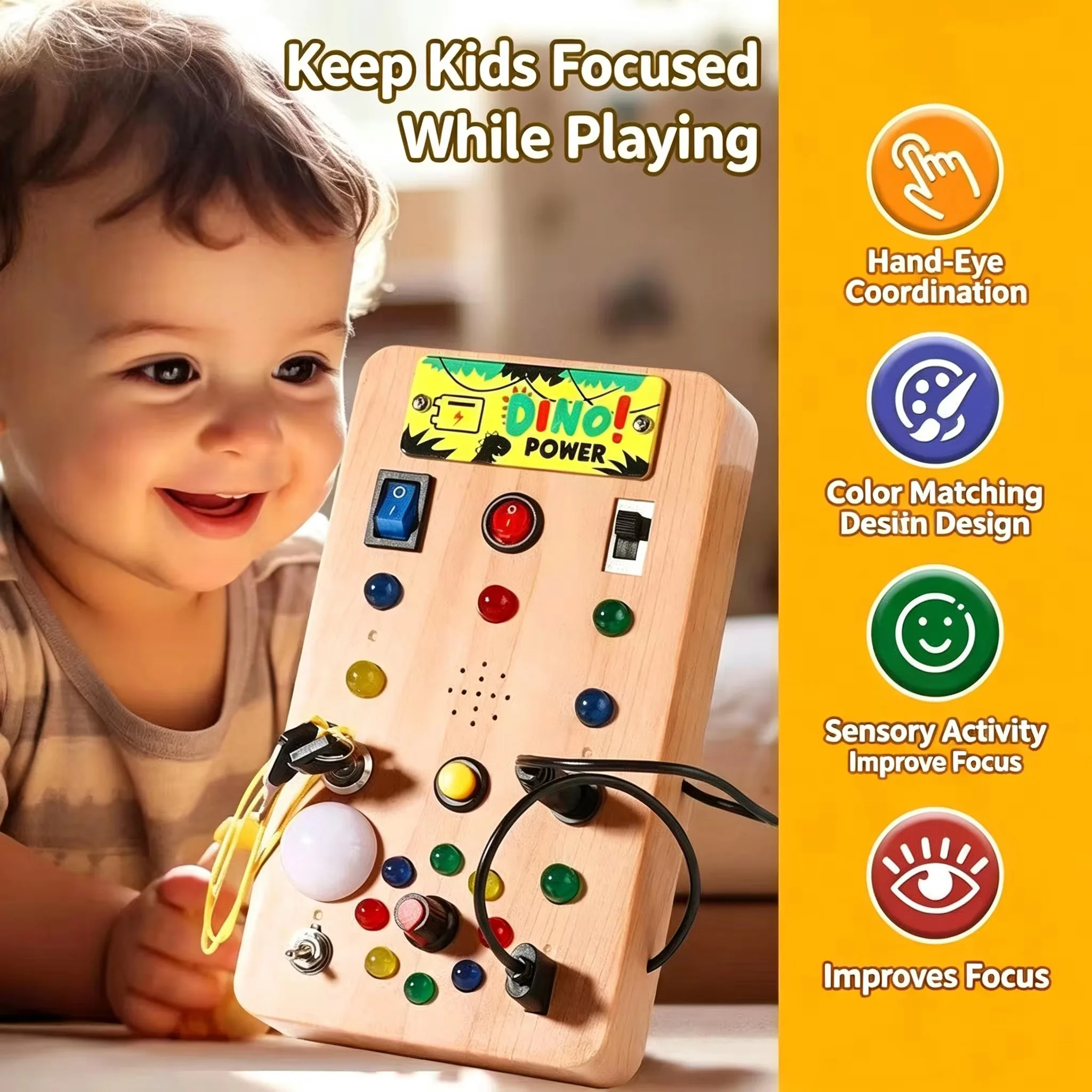 Montessori sensory board with LED lights, multi switch and button activity toys, children's educational gifts,
