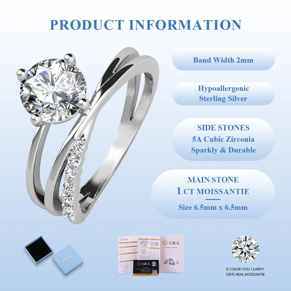 

925 Sterling Silver Layers Cross Rings Geometric Women VVS1 D Color Moissanite Ring Wedding Bride Jewelry with GRA