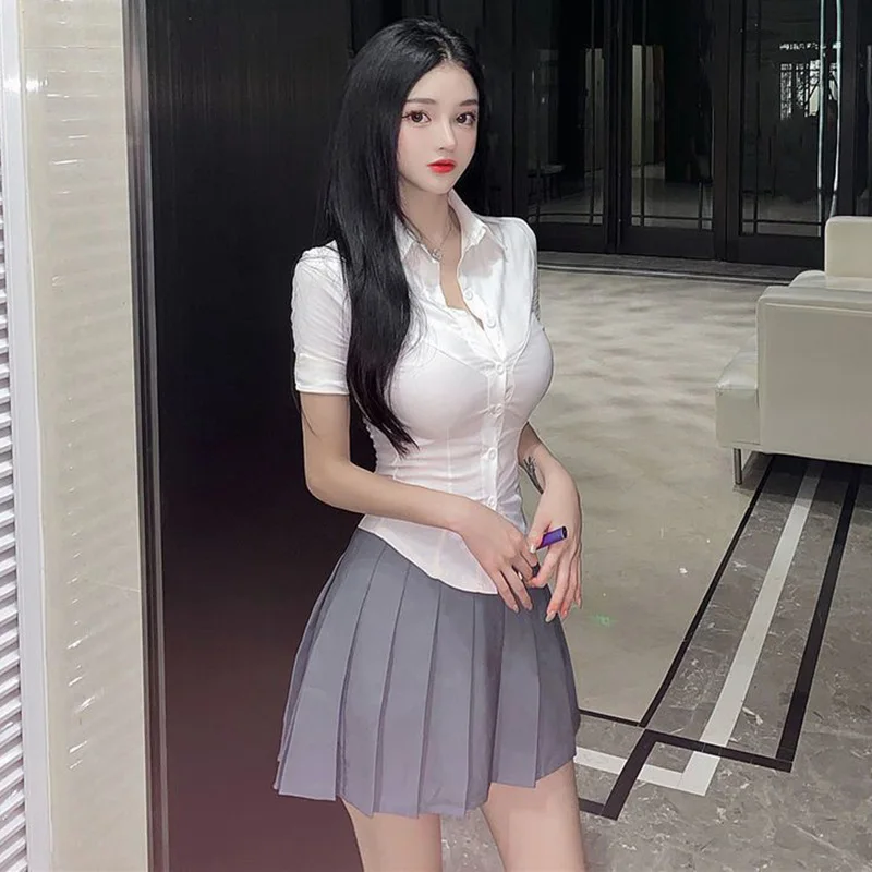 Biyaby White Shirt for Women Korean Style Short Sleeve Turn-Down Collar Blouse Ladies Summer Sexy Slim Single Breasted Shirts