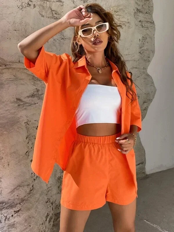 

Long Sleeve Single-breasted Top + Broad-legged Shorts Set Fashion Ladies Sexy Solid Suits 2023 Summer 2 Piece Outfits For Women