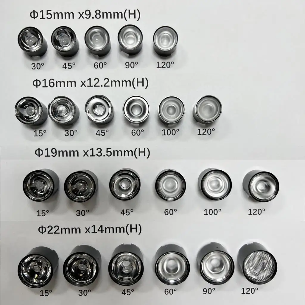 10pcs 15 30 45 60 90 120 Degrees LED Lens + Bracket Holder 15mm 16mm 19mm 22mm PMMA Lens for DIY 1W 3W 5W High Power LEDs Chip