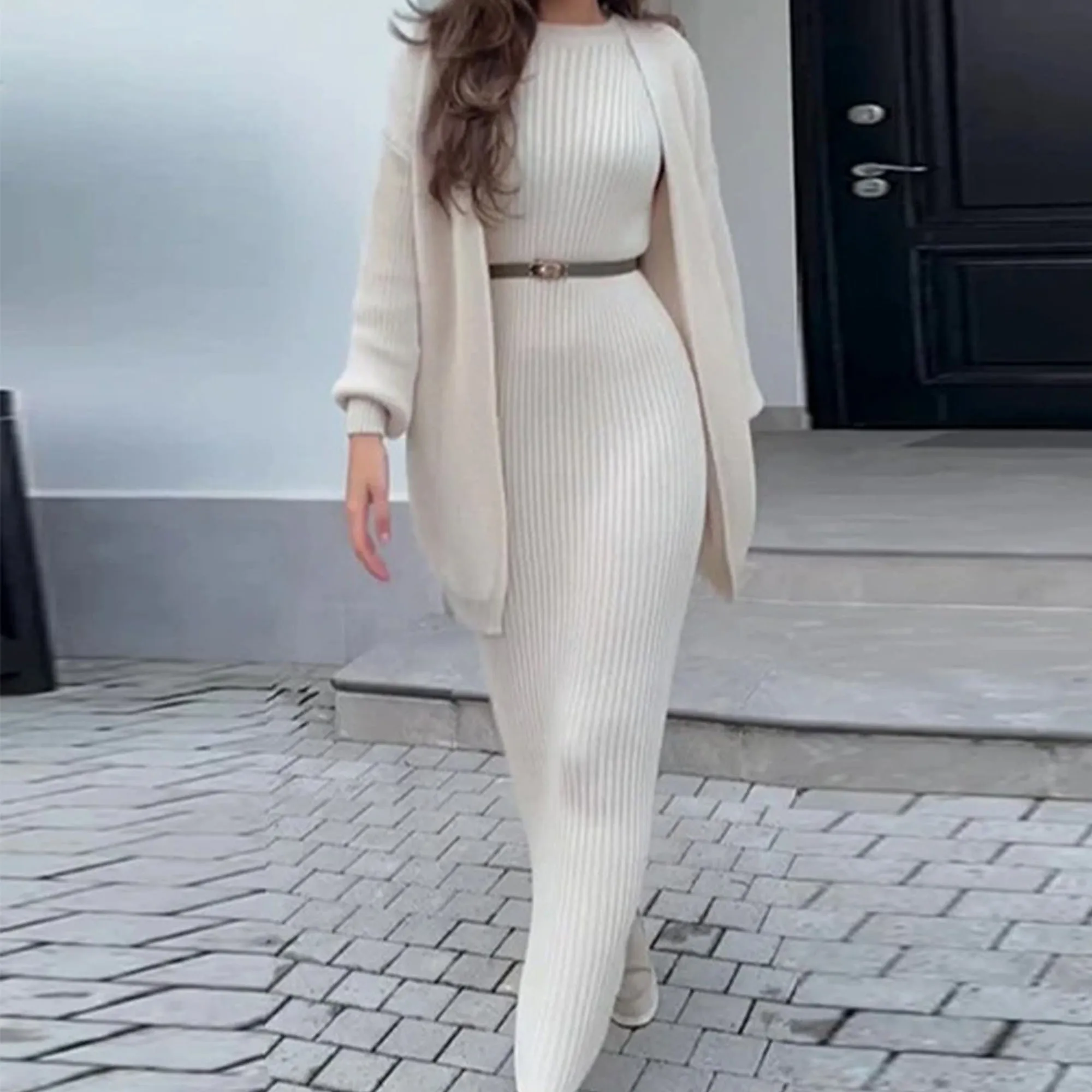 Women\'s Knitted Sweater Long Skirt Set Casual Long Sleeved Cardigan and Skinny Fashion Autumn Winter Lazy Style Long Dress Set