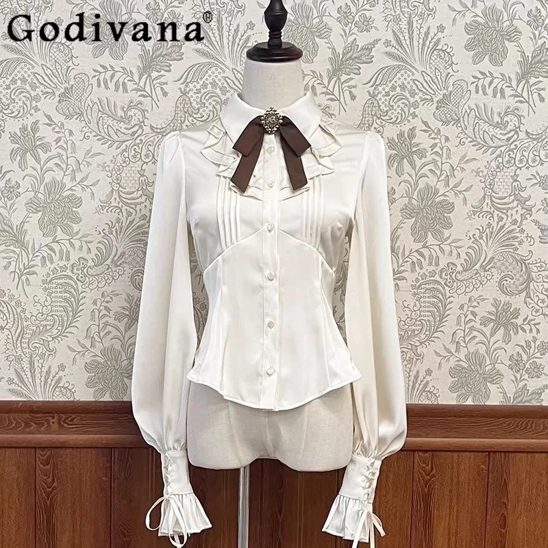 

Лолита, милая однотонная рубашка с оборками и длинными рукавами, милый бант, однотонная рубашка на шнуровке, новинка 2025, универсальный топ с тонким отложным воротником для девочек