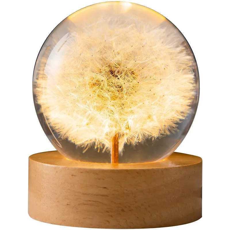 Dandelion Crystal Ball with Lamp Eternal Flower 3D Inner Engraving Luminous Solid Wood Base Crystal Gift Tabletop Ornament