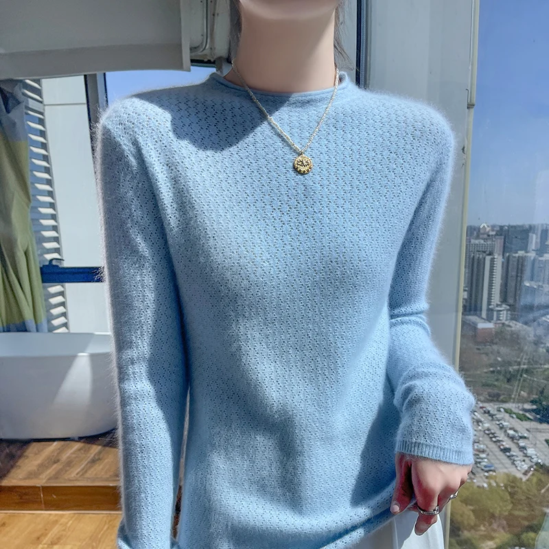 Hot selling women's 100% mink cashmere sweater women's rolled edge round neck pullover fashion lace up knit sweater autumn winte