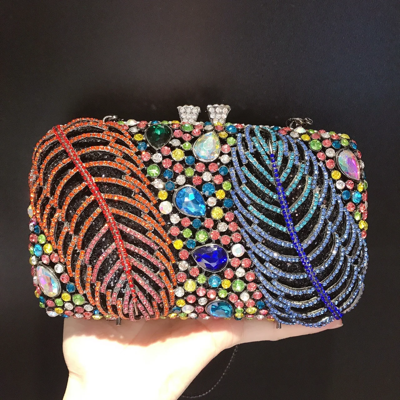 

Leaf Feather Metal Diamond-encrusted Dinner Cosmetic Colorful Gemstone Bag Magnetic Buckle Rhinestone Banquet Clutch High-Grade