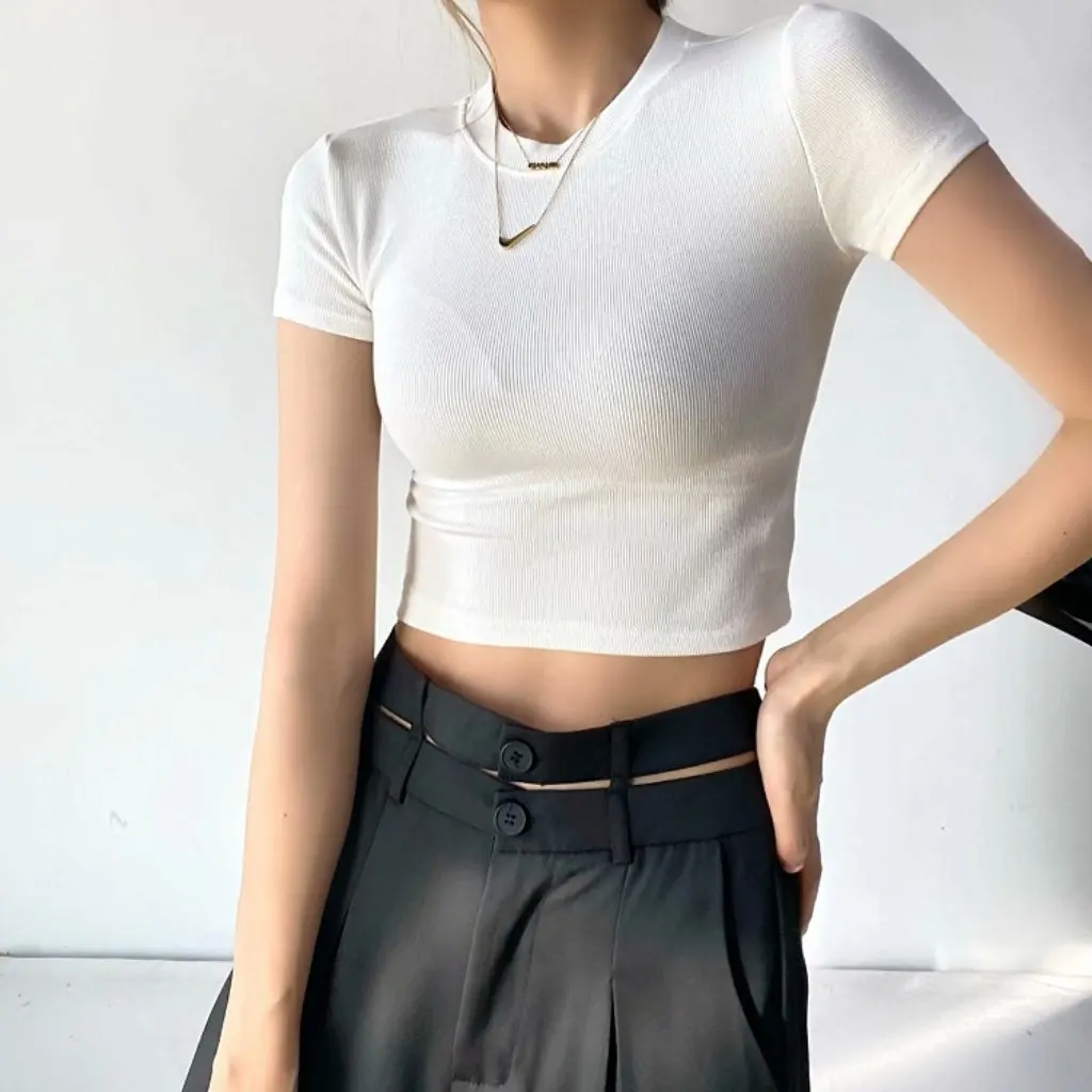 

YPFF Colorful Slim-fit Short-sleeved T-shirt round Neck Bag Chest Sports Fitness Solid Color Cropped Top for Women New Summer