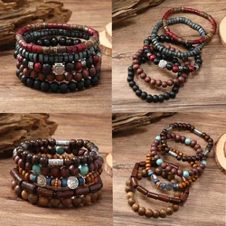 4 pz/set bracciali in pelle intrecciata avvolgente per uomo Vintage Life Tree timone Charm perline di legno braccialetto etnico tribale in corda