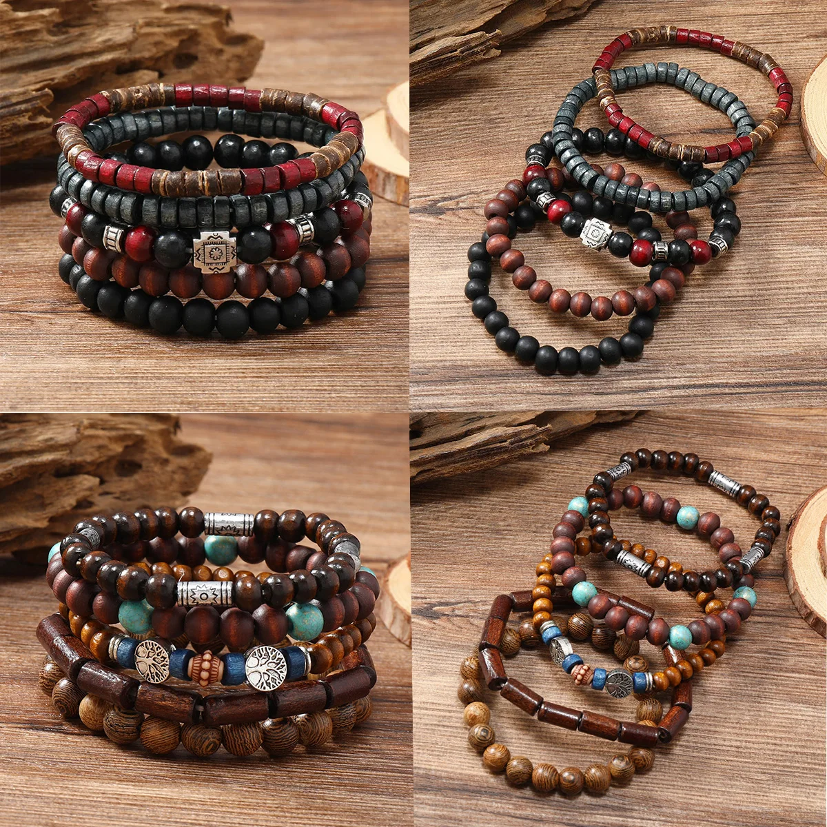 4Pcs/ Set Braided Wrap Leather Bracelets for Men Vintage Life Tree Rudder Charm Wood Beads Ethnic Tribal Wristband Rope Bracelet