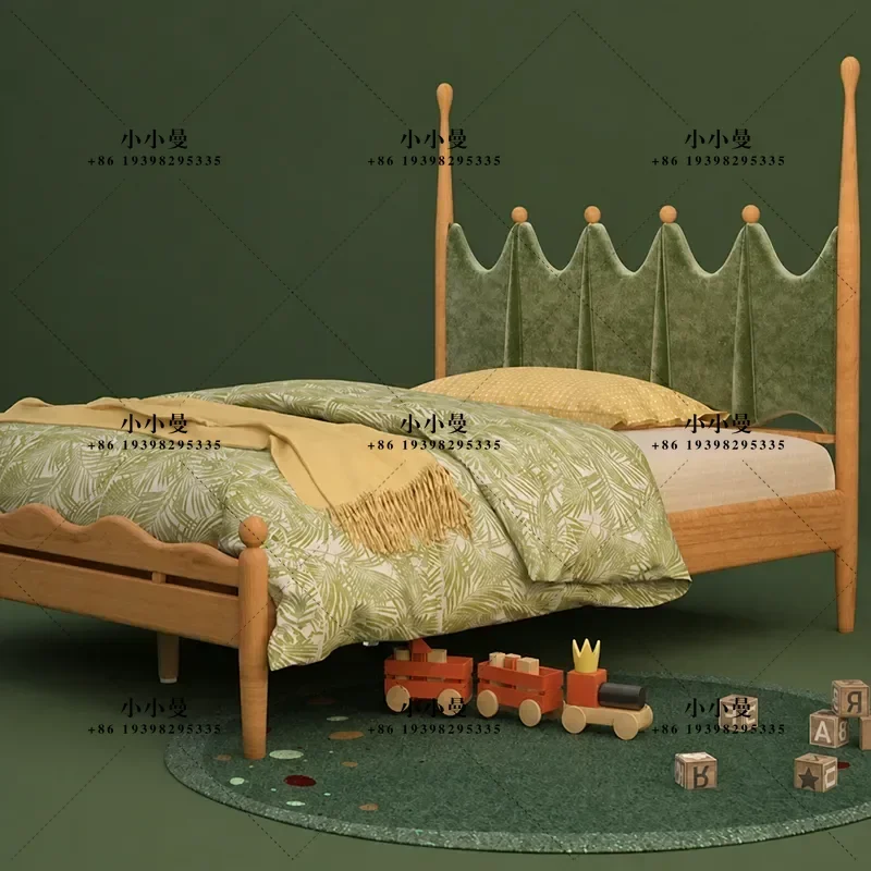 North American Solid Cherry Wood Bed with Velvet Upholstered Headboard Soft Double Bed for Bedroom College Style Furniture