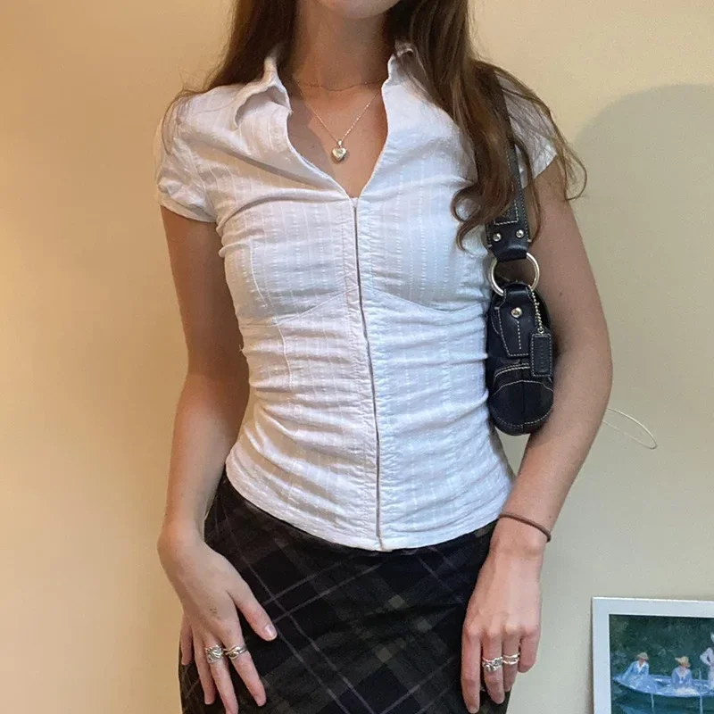 

2025 New Style Sweet and Spicy Girl's Button Top Waist Tight Texture Short Sleeve Shirt for Women