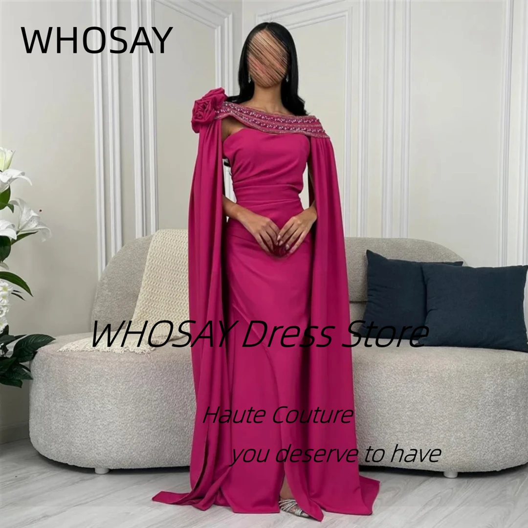 

WHOSAY Customized Flowers Beading Shawls Prom Dresses Long Ruched Side Slit Evening Dress Zipper Back Vestidos Des Noches