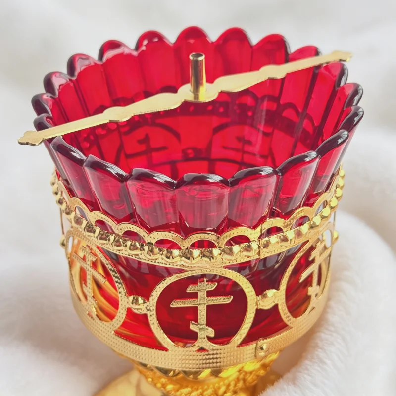 Orthodox Vigil Lamp Red Glass Gold Metal Standing Candle Holder Ornate Byzantine Lampada for Home Altar Christian Religious Gift