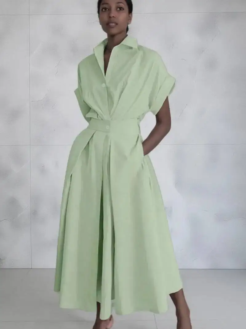 Frauen Mode Sommer Hemd Kleid 2025, Elegante Hohe Taille Kurzarm Midi Kleider Solide Kragen Roben Femme Streetwear 43O4