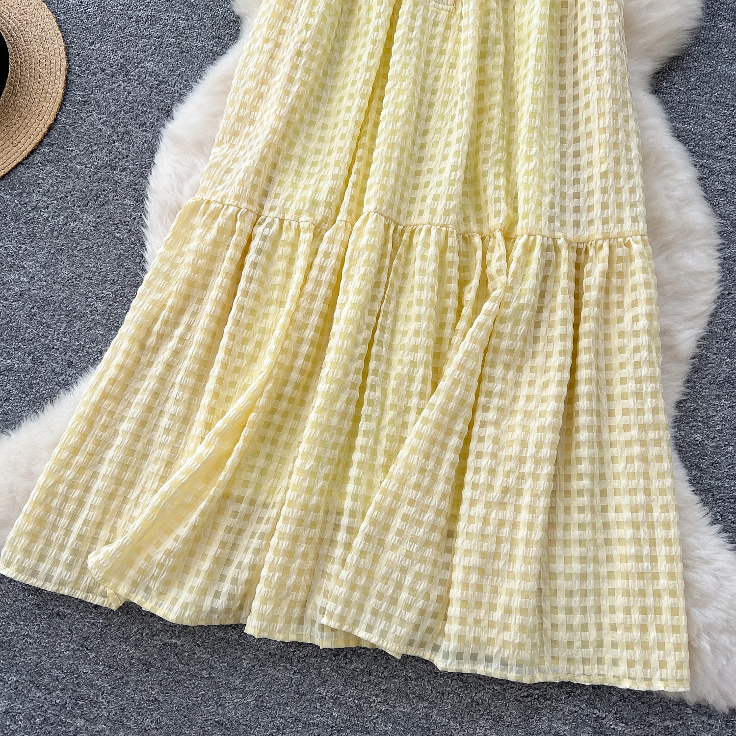 Clothland feminino doce camisa amarela vestido xadrez xadrez sem mangas uma peça feminina bonito midi vestidos mujer qe053