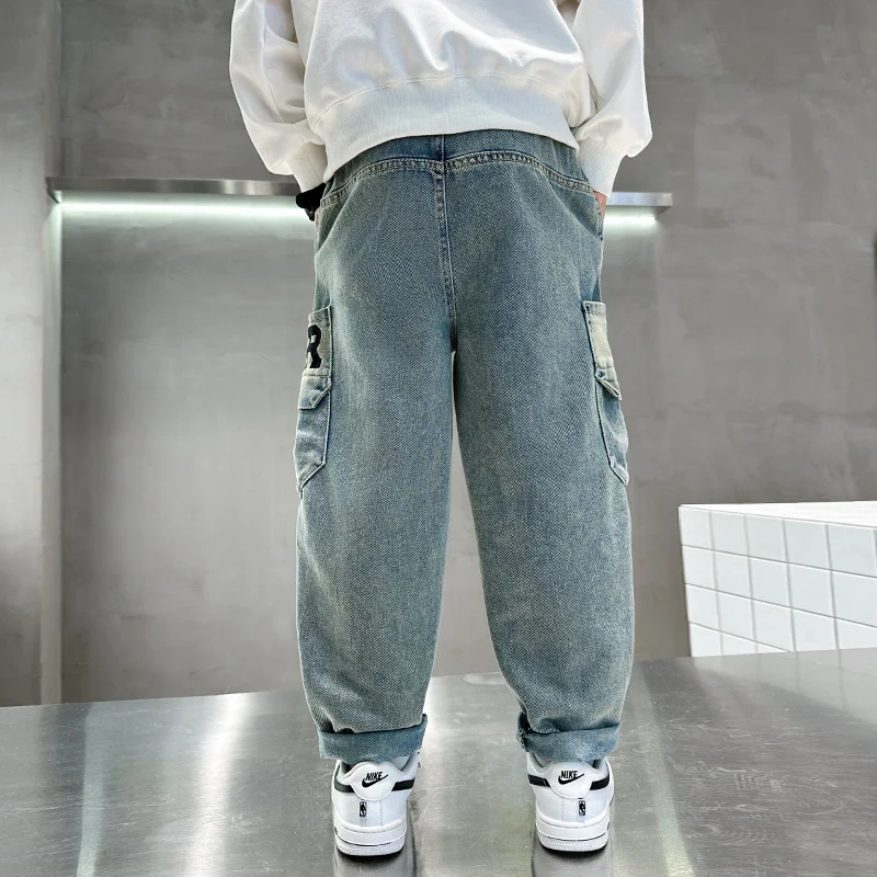 2025 New Autumn Boy Casual Jeans with Pockets Korean Style Fashion Kids Cotton Cargo Denim Pants Children Leisure Jeans Trousers