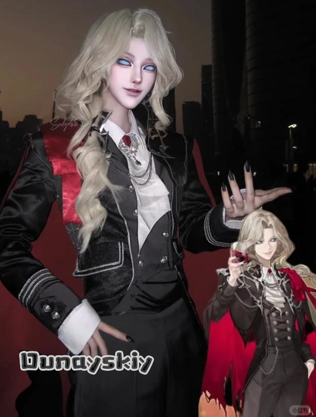 

Identity V Joseph Halloween Concert Outfit Photographer Desaulniers Cosplay Costume Black Red Trench Vintage Shirt Golden Wig
