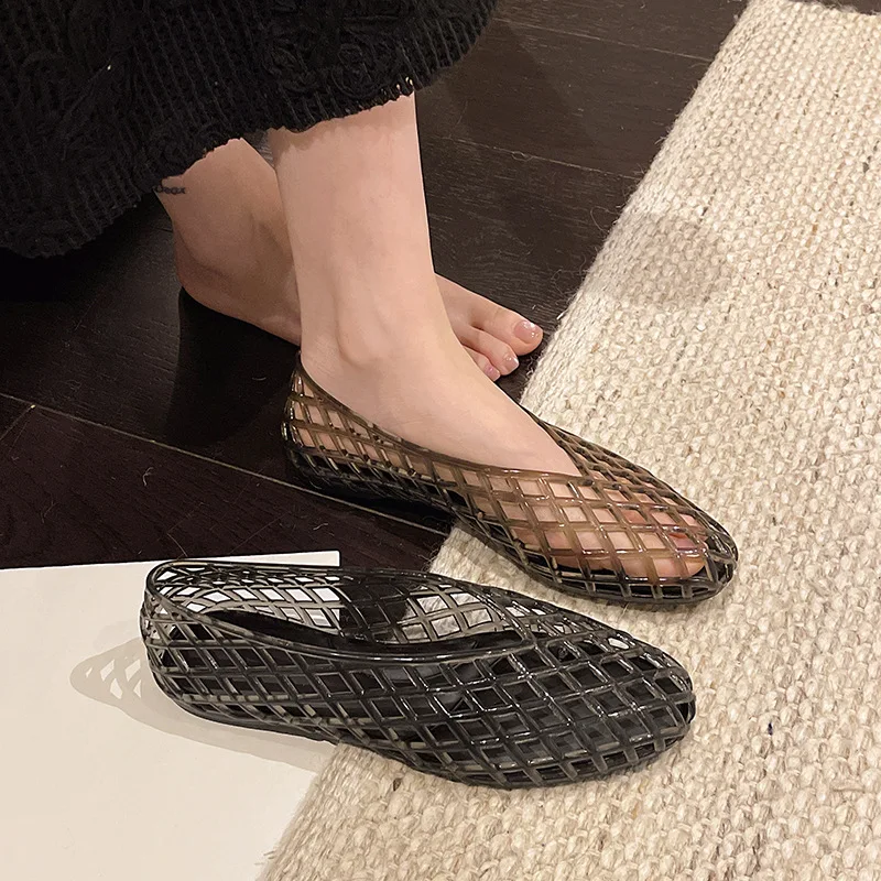 New hollow transparent jelly elastic crystal bag head versatile flat bottom breathable comfortable Mary Jane single shoes - view 3