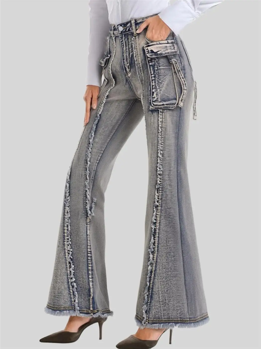 Street Style Cowboy Bell Bot Jeans High Waist Cotton Stretch Denim Micro Flared Pants with Frayed Hem Workwear Vintage Look