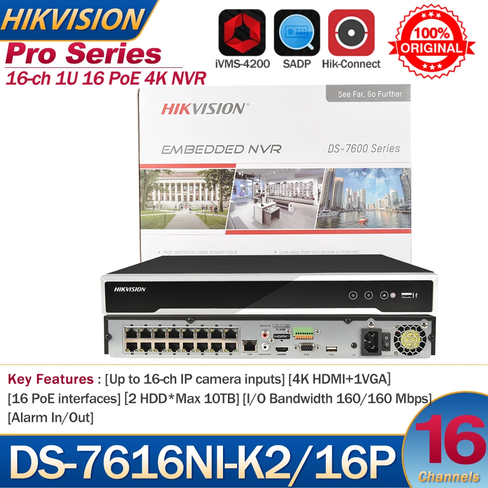 Hikvision NVR Original 16CH DS-7616NI-K2/16P 16 Port PoE 2 SATA Plug & Play Network Video Recorder Support Third-party Cameras