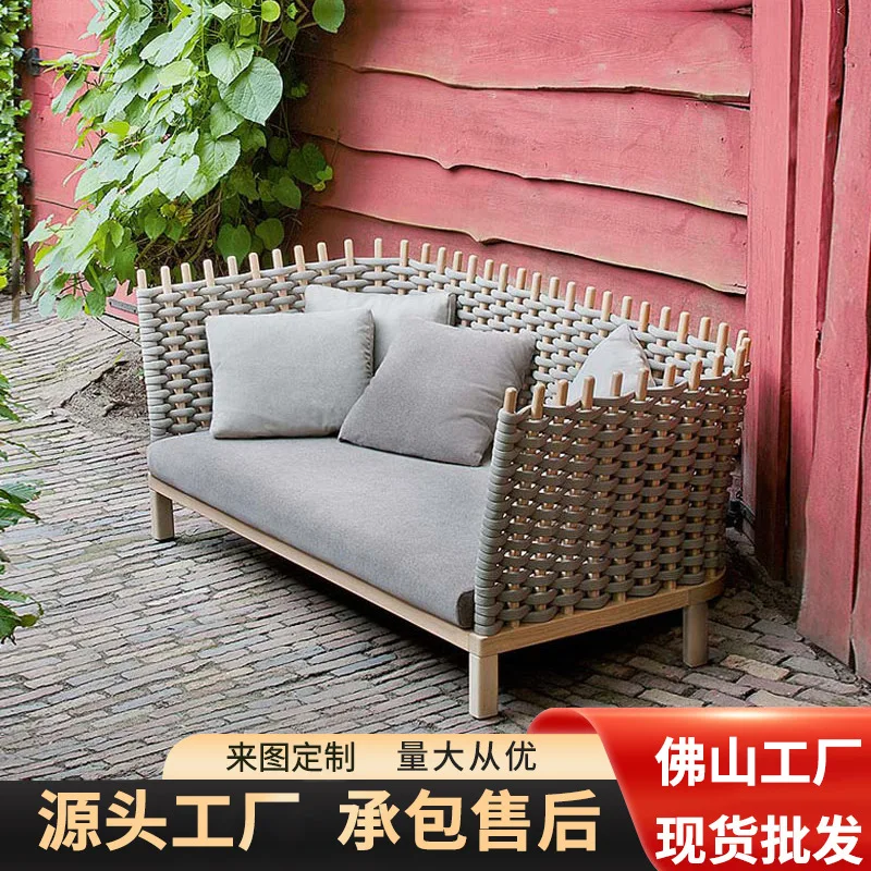 

Nordic outdoor furniture hotel reception courtyard homestay solid wood rattan double sofa simple chair coffee table combination