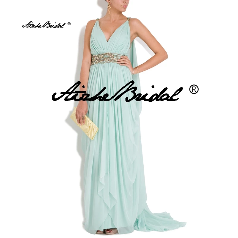 Vestidos de fiesta de gasa largos sin espalda con cuello en V Vestidos de noche con cuentas doradas, vestidos de noche formales