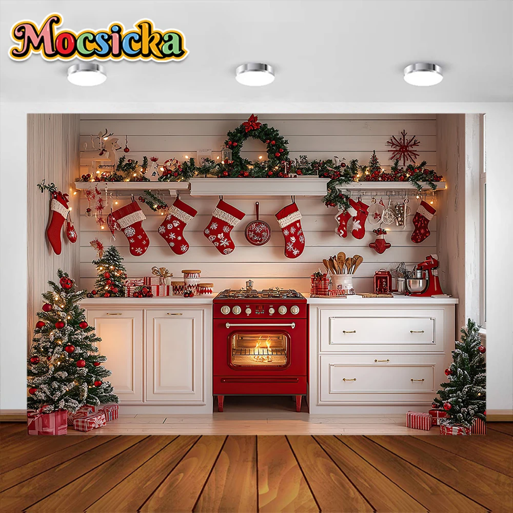 خلفية التصوير الفوتوغرافي لمطبخ الكريسماس ، إكليل الكريسماس ، جوارب حمراء ، ديكور العطلة ، أولاد ، بنات ، خلفية صورة صورة ، دعامة استوديو