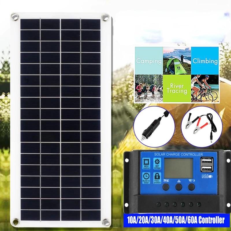 Car Solar Panel Kit Complete 12V USB with 10-100A Controller Solar Battery for Car Yacht RV Boat Mobile Phone Battery Charger