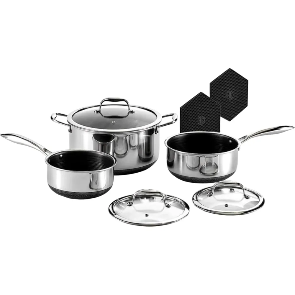 Hybrid Nonstick 6-Piece Pot Set, Tempered Glass Lids, 2 Silicone Trivets Included, Dishwasher Safe