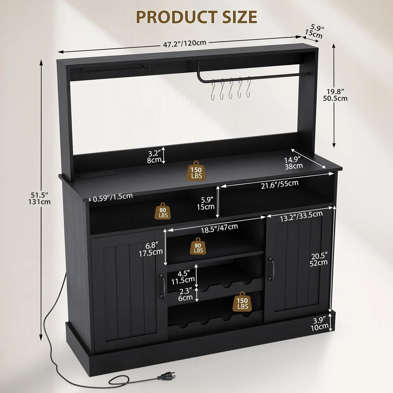 Armário de Café Estilo Fazenda de 47 polegadas com 5 Ganchos, Armário Buffet com Tomadas, Suporte para Taças, Personalizado