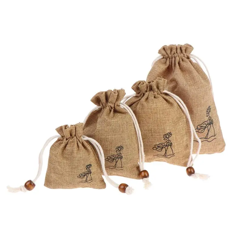 2 Stück Jute-Zugbeutel mit Kordelzug, Baumwolle, Leinen, Lotusmuster, Hochzeitsbeutel, Weihnachtsverpackung, Aufbewahrung von Kristallsteinen, Geschenktüten – Detail 1