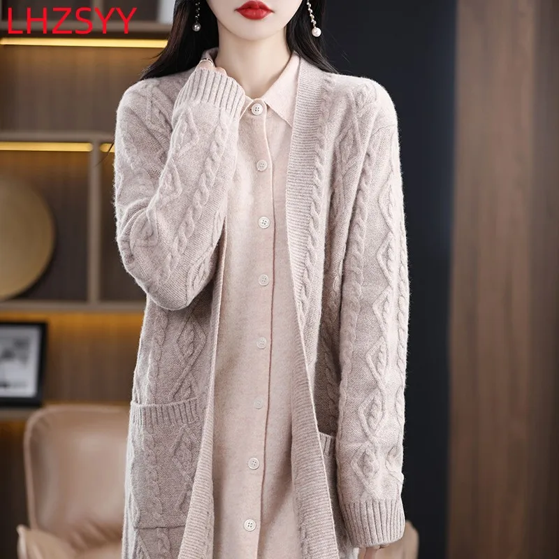 LHZSYY 100% Pure Wool Cashmere Coat Women\'s Jacket Warm Long Knit Cardigan 2023 Spring New Fashion Over-The-Knee Large Size coat